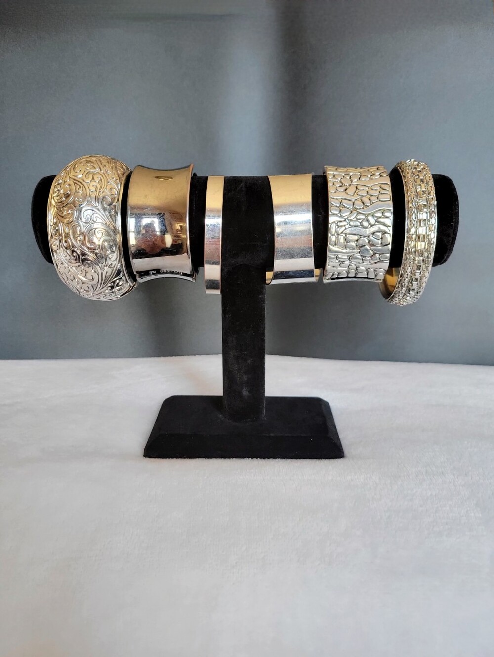 6pc Silver Tone Statement Bracelet Lot Chunky Wide Stack Bangle Cuff Set Boho